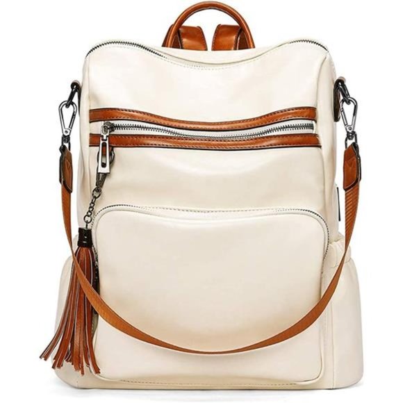 WOMEN Backpack Purse Fashion Large 1-3 Oil Wax Beige(shiny)